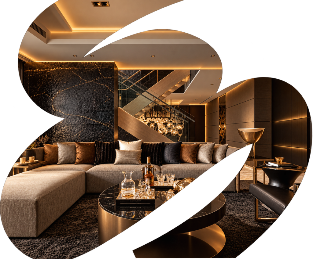 About Us 1 Bronze Swoosh Luxury Living Room